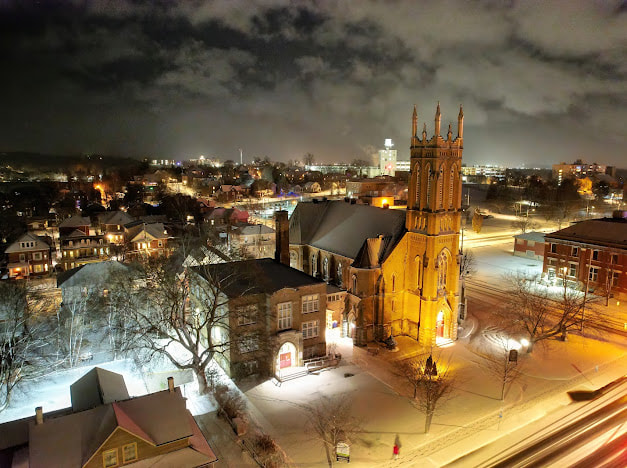 Peterborough streets and historic church at night