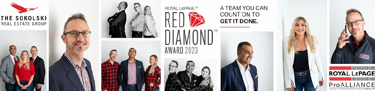 The Sokolski Real Estate Group team collage with Royal LePage Red Diamond Award 2023 and the message: A team you can count on to get it done.